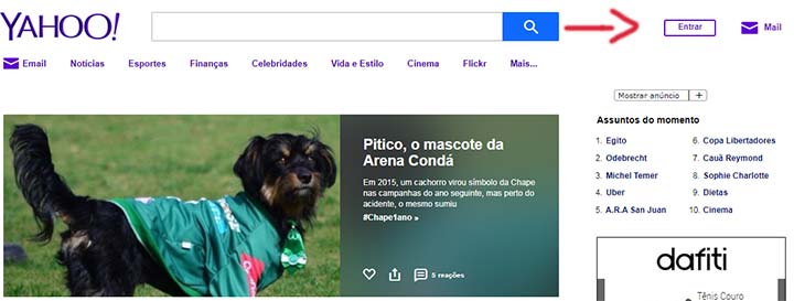 Página inicial para criar conta Yahoo