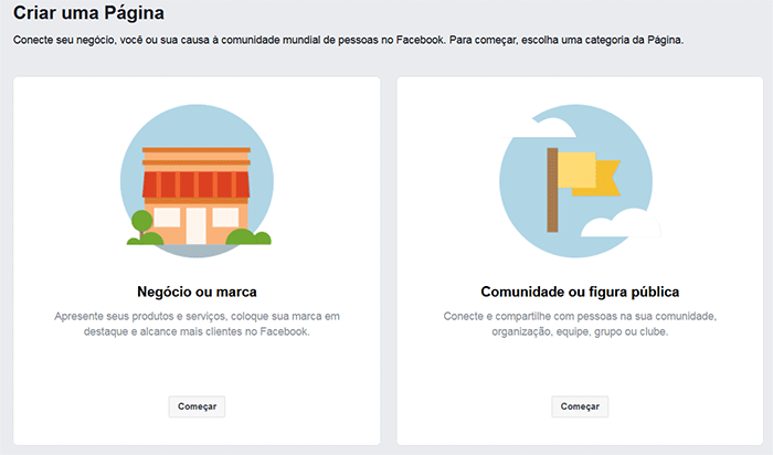 Página de seleção para criar página Facebook
