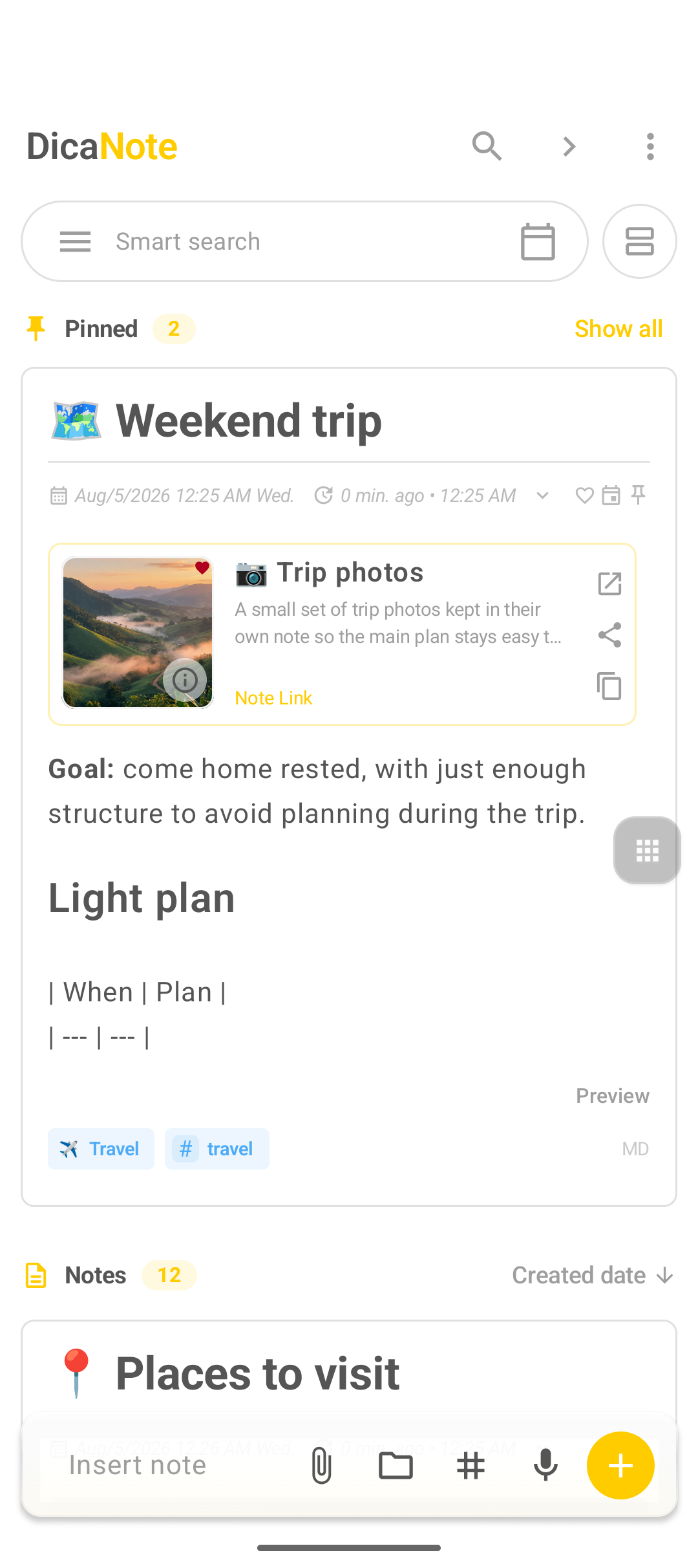 Home screen pinned Weekend trip with linked Trip photos card