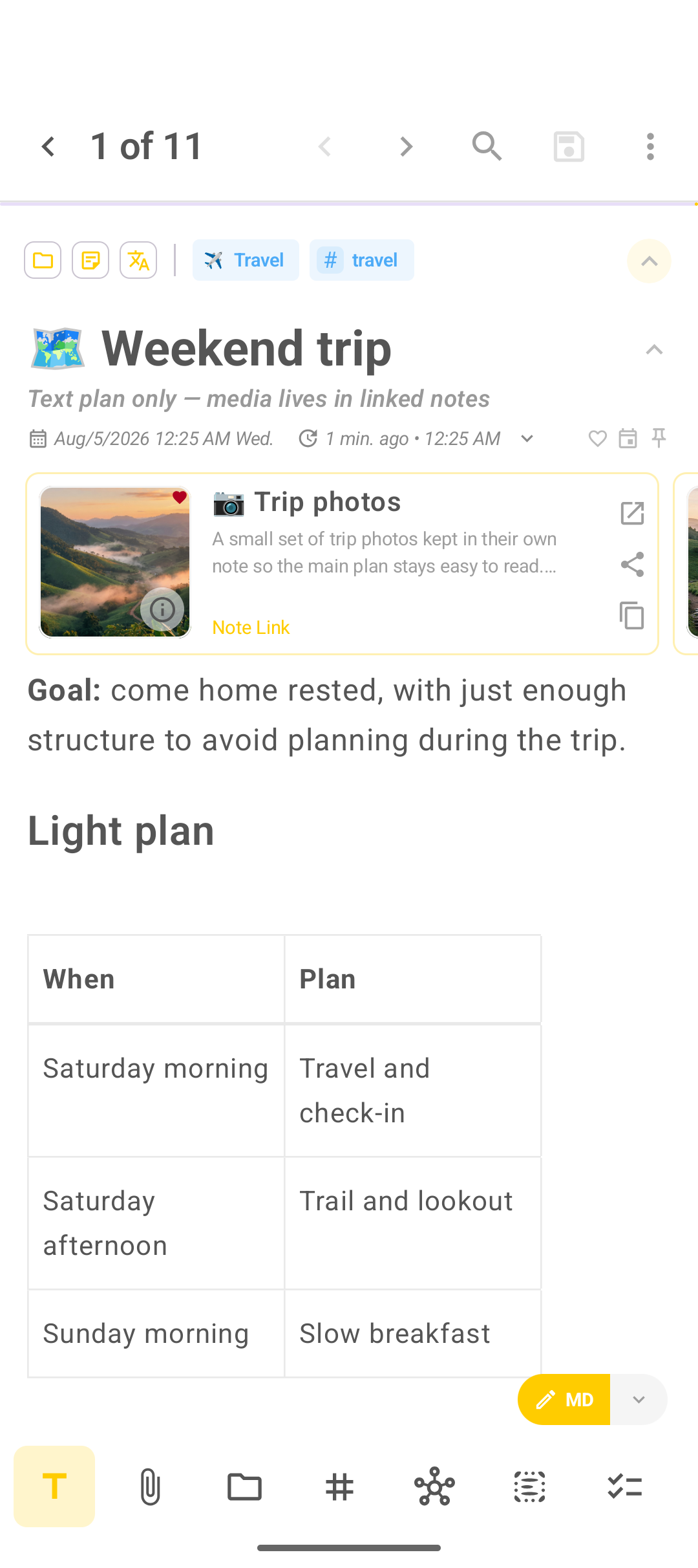 Weekend itinerary note with a PDF attachment