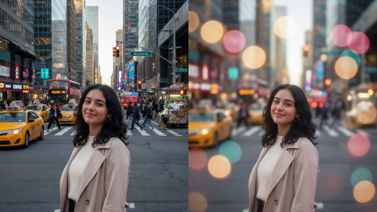 Antes e depois: retrato na rua com fundo nítido versus fundo desfocado estilo bokeh